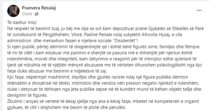 AGSH dënon padinë e deputetes Pranvera Resulaj ndaj gazetares Afrovita Hysaj